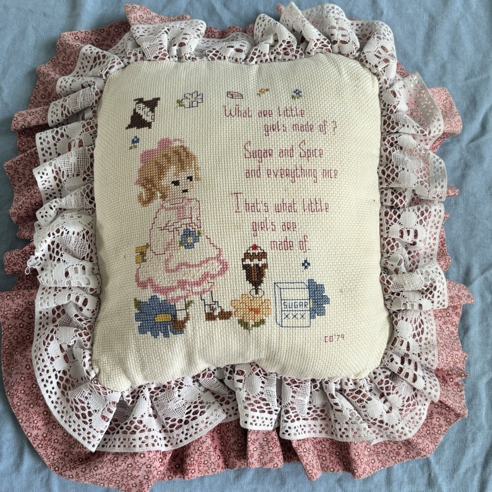 Vintage Handmade Nursery Rhyme Pillow Embroidered Characters Little Girls 70's